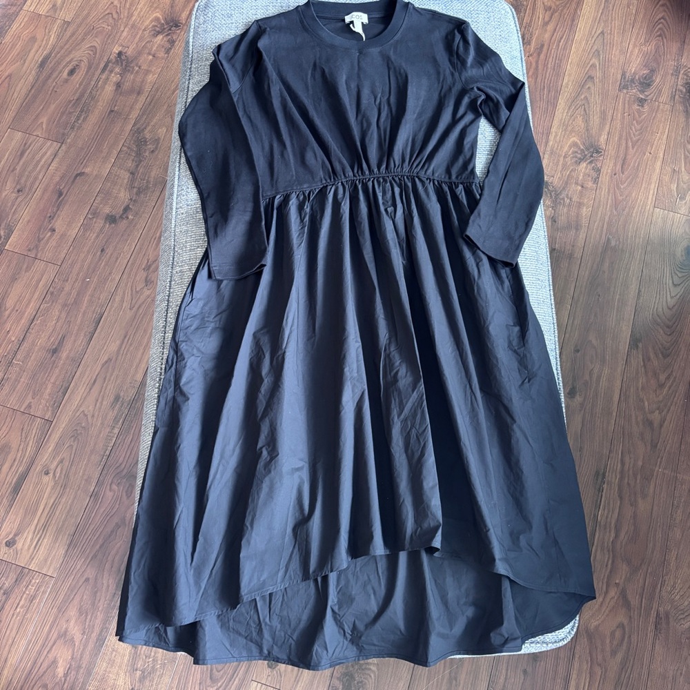 COS Black Asymmetric Gathered-Waist LS Midi Dress w/ Pockets | Size Small (NWT) - Picture 3 of 7